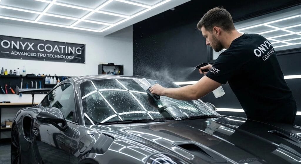 luxury sports car in a professional automotive detailing studio while a technician installs a transparent windshield protection film